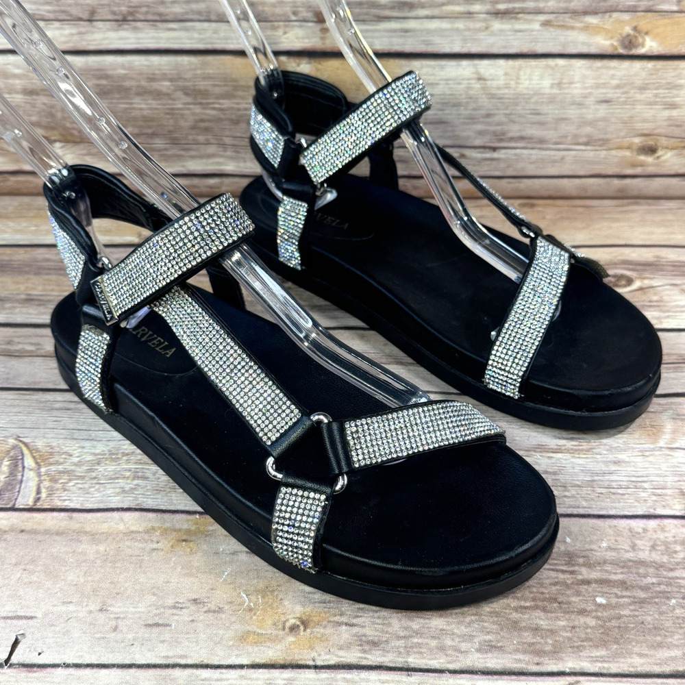 Carvela Womens Black & Sparkling Rhinestone Slip On Dad Sandals 8